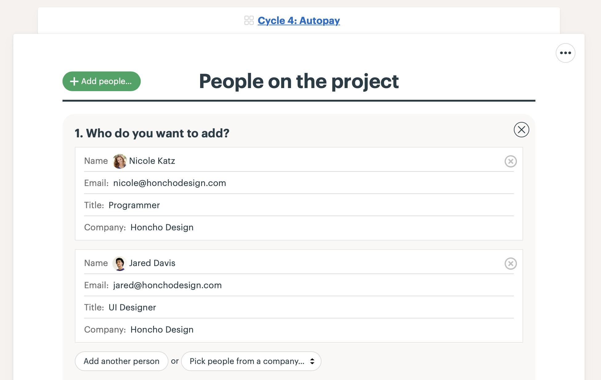 Screenshot of the screen in Basecamp where you add people to the project. A designer and programmer being added.