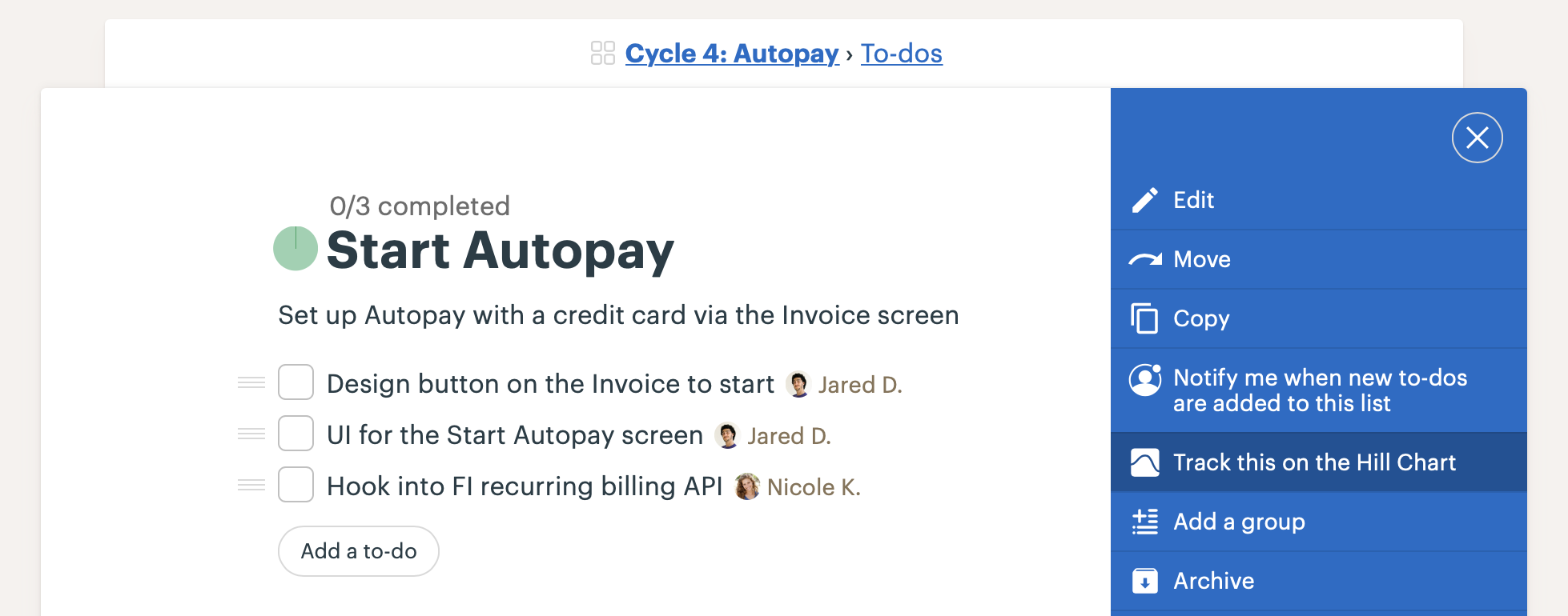 Screenshot of the detail page in Basecamp for a single to-do list. The options menu is revealed on the upper right and the option to Track this on the Hill Chart is highlighted.